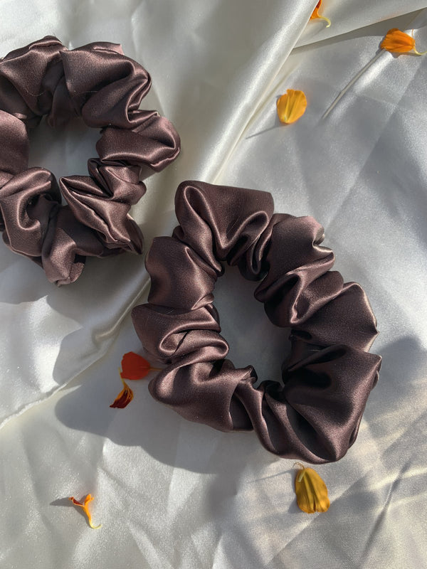 Mocha Brown Silk Scrunchie | Set of 2